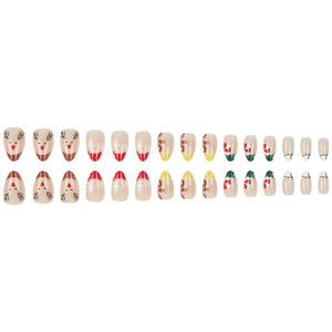 Christmas almond press-on nails with reindeer, snowflake, and candy cane festive designs