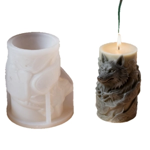 Wolf head relief silicone candle mold with finished 3D textured wolf wax sculpture