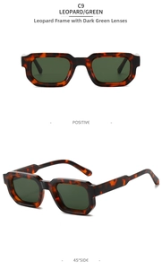 Macro view of leopard print square frames and dark green lenses on thick retro sunglasses