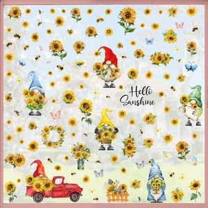 Spring gnome wall stickers set with sunflowers, red pickup truck and Hello Sunshine text