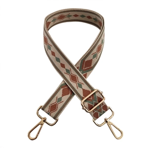 Ethnic jacquard wide guitar strap for bags with red geometric patterns and gold clips