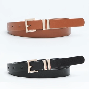 Women's minimalist thin alloy buckle belts in black and brown PU leather for jeans