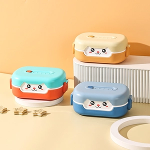 Cartoon double-layer portable lunch boxes in various colors with cute face designs
