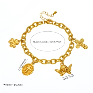 Gold vintage stainless steel bracelet with cross and angel charms for women