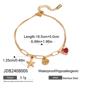 Detail of 18k gold plated stainless steel bracelet with starfish and shell charms