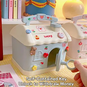 Cartoon house shaped piggy bank in pastel blue with handle and stickers for kids
