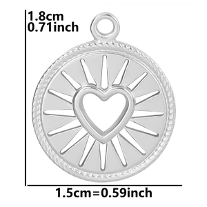 Detailed size view of silver heart sunburst pendant measuring 1.8cm by 1.5cm with dimensions