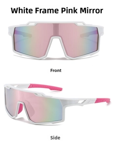 White cycling sunglasses with pink mirrored lenses and anti-slip temples detail