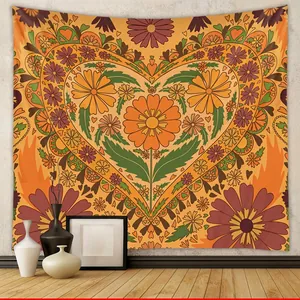 Retro Floral Heart Tapestry Polyester Wall Hanging Bohemian Style Room Decor 70s Aesthetic Flower Backdrop