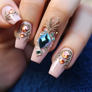 Macro detail of luxury nail art with gold baroque relief and colorful glass rhinestones