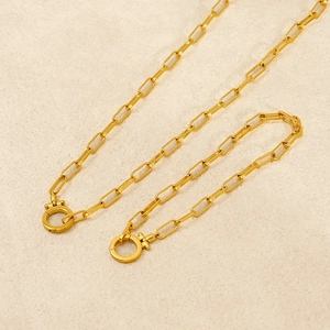 Gold paperclip chain necklace with dual spring ring clasps on minimalist background