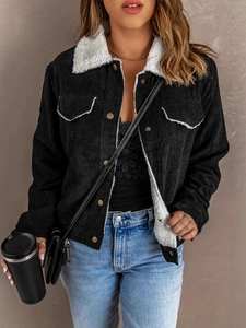 Vintage loose black corduroy jacket with white fleece lining and metal buttons