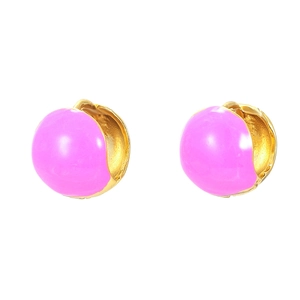 Minimalist gold plated hoop earrings with vibrant pink enamel finish in a half-ball style