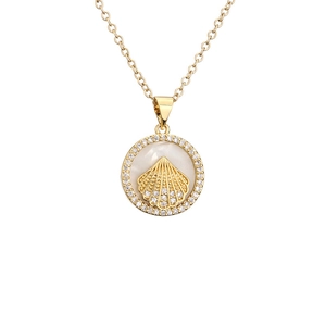 Gold-plated round necklace with shell inlay and cubic zirconia stones in white background