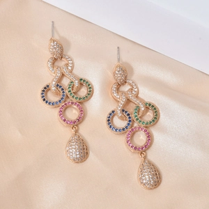 Elegant multi-color zircon tassel earrings with S925 silver needle on champagne silk