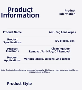 Detail showing 100pcs anti-fog wipes for cleaning glasses, screens, and lenses