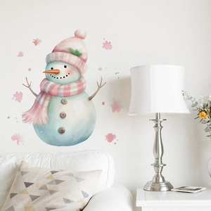 Close-up of watercolor snowman wall sticker in soft pink and blue for living room decor