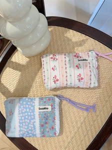 Floral Canvas Cosmetic Bag Portable Zipper Makeup Pouch Small Fabric Coin Purse For Daily Travel Organizer