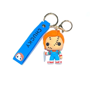 Child's Play Chucky horror movie character keychain with blue silicone strap for bags