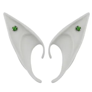 Light grey latex elf ears with green gemstones for Halloween cosplay costumes
