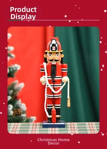 Detail of firefighter nutcracker wearing red uniform with miniature hydrant decor