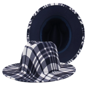 Classic Scottish plaid fedora jazz hat for men and women with navy and cream checkered pattern