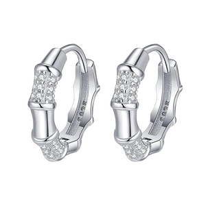 Elegant S925 sterling silver bamboo hoop earrings featuring sparkling white zircon accents