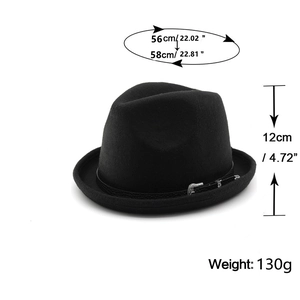 Detail view of black vintage fedora hat showing 12cm height and 56-58cm size dimensions