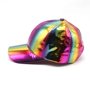 Close-up of holographic patent leather baseball cap with rainbow metallic finish effect