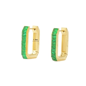 Gold rectangular hoop earrings with green zircon stones and brushed metal texture