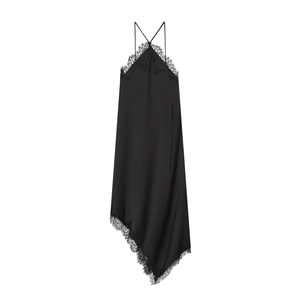 Elegant black silk satin slip dress with lace trim and asymmetrical hem for women
