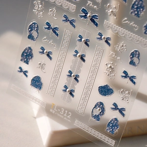 Stereo bowknot nail sticker with pearls and blue tartan pattern, model TL-312