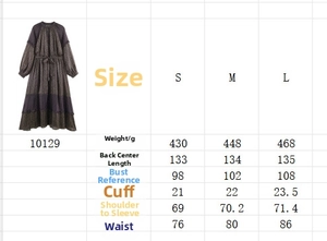 Size chart showing S to L measurements for the Bohemian polka dot loose ruffle dress