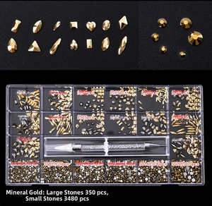 21-grid mineral gold nail art rhinestone kit with 3830 mixed flatback crystal shapes