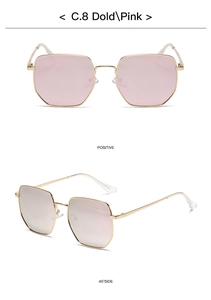 Detail view of pink lens and gold metal frame sunglasses in front and side angles
