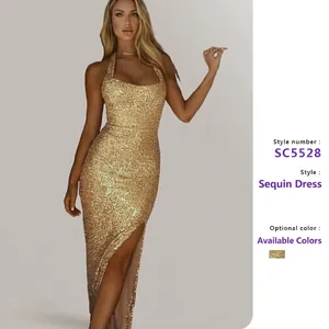 Robe Longue À Paillettes Dos Nu Fente Haute Sexy Sans Manches Robe De Soirée Tenue De Bal Formelle Pour Femmes