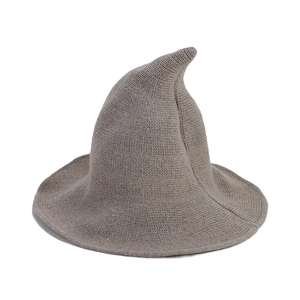 Foldable knitted pointed witch hat in taupe for Halloween and autumn fashion
