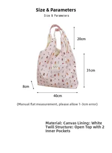 Diagramme de taille du sac cabas rose avec motifs d'ours et dimensions 40x31x8cm