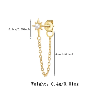 Detail of S925 silver gold star earrings with pearl inlay and chain fringe dimensions