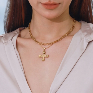 18K gold plated stainless steel double layer necklace with floral cross pendant for women