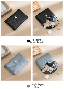 Litchi pattern leather coin purse with silver snap showing interior storage for cards