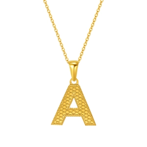 Golden titanium steel letter A pendant necklace with textured finish on O-chain