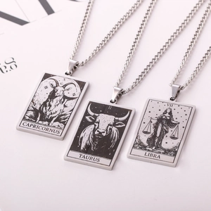 Vintage stainless steel zodiac square pendant necklaces with retro tarot card designs