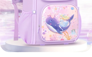 Detail of purple schoolbag featuring a transparent pocket with a glittery cartoon design