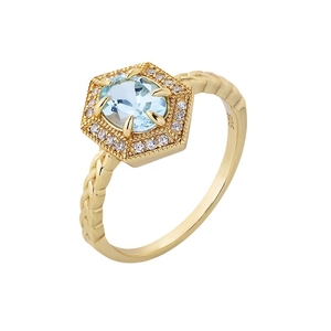 S925 sterling silver ring with sky blue topaz and hexagon halo in golden finish