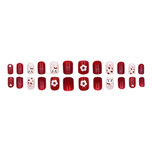 Cute bunny and heart pattern press-on nails set in festive cherry red and cream white