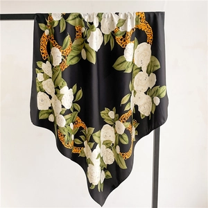 Elegant Square Scarf Twill Polyester Matte Floral Rose Camellia Print Golden Chain Shawl Vintage Headscarf For Women