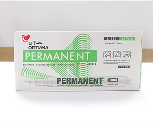 Front view of white permanent markers box showing 1.0mm tip size and 12-piece set features