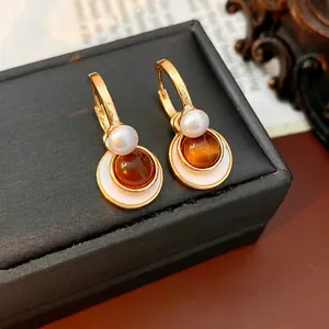 Vintage Round Hoop Earrings With Artificial Pearl Mother Of Artificial Pearl And Tiger Eye Stone Retro French Style For Women