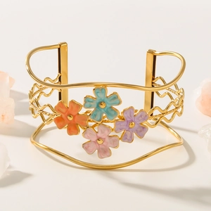 18k gold plated stainless steel open bangle with colorful enamel flowers and wavy design